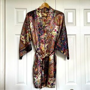 California Dynasty Rare Vintage Colorful Paisley Kimono Style Satin Robe Size L